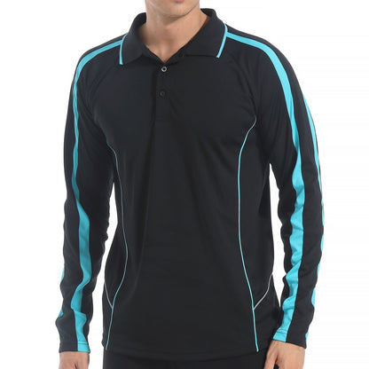 "flow polo shirt in Black with Aqua Blue, model front – Big Bee Workwear"