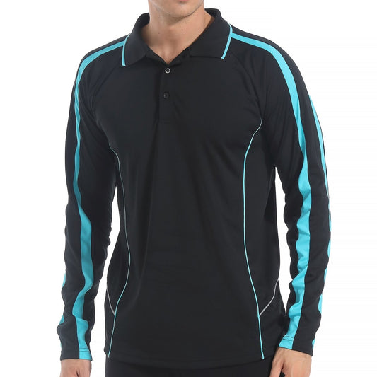 "flow polo shirt in Black with Aqua Blue, model front – Big Bee Workwear"