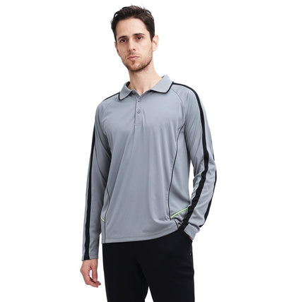 "flow polo shirt in grey black, model posed – Big Bee Workwear"