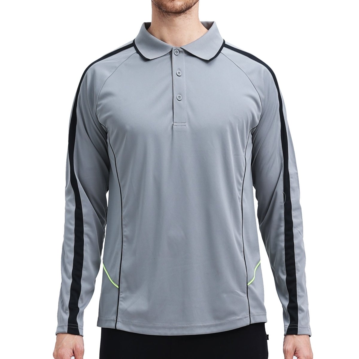 "flow polo shirt in grey black, model front – Big Bee Workwear"