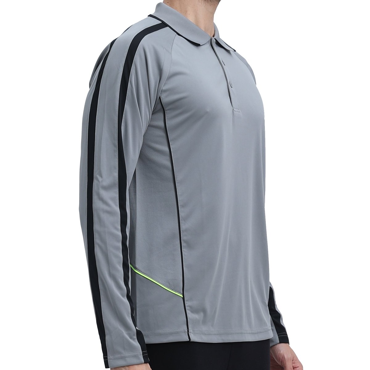 "flow polo shirt in grey black, model side – Big Bee Workwear"