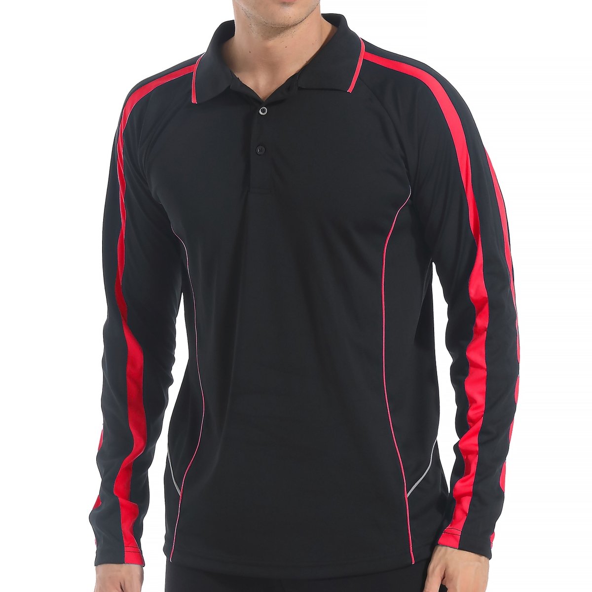 "flow polo shirt in Black with red, model front – Big Bee Workwear"