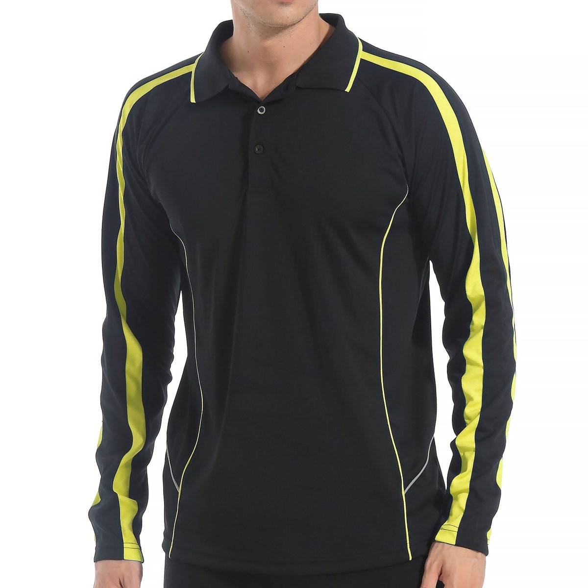 "flow polo shirt in Black with yellow gold, model front – Big Bee Workwear"