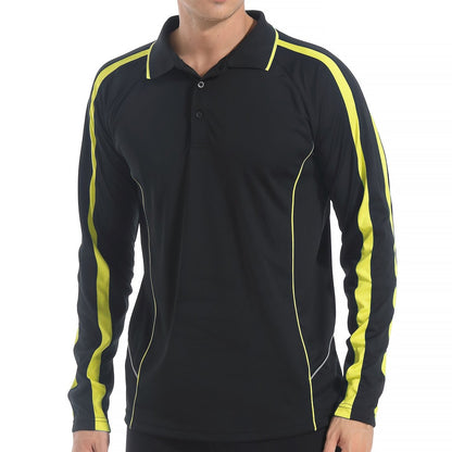 "flow polo shirt in Black with yellow gold, model front – Big Bee Workwear"