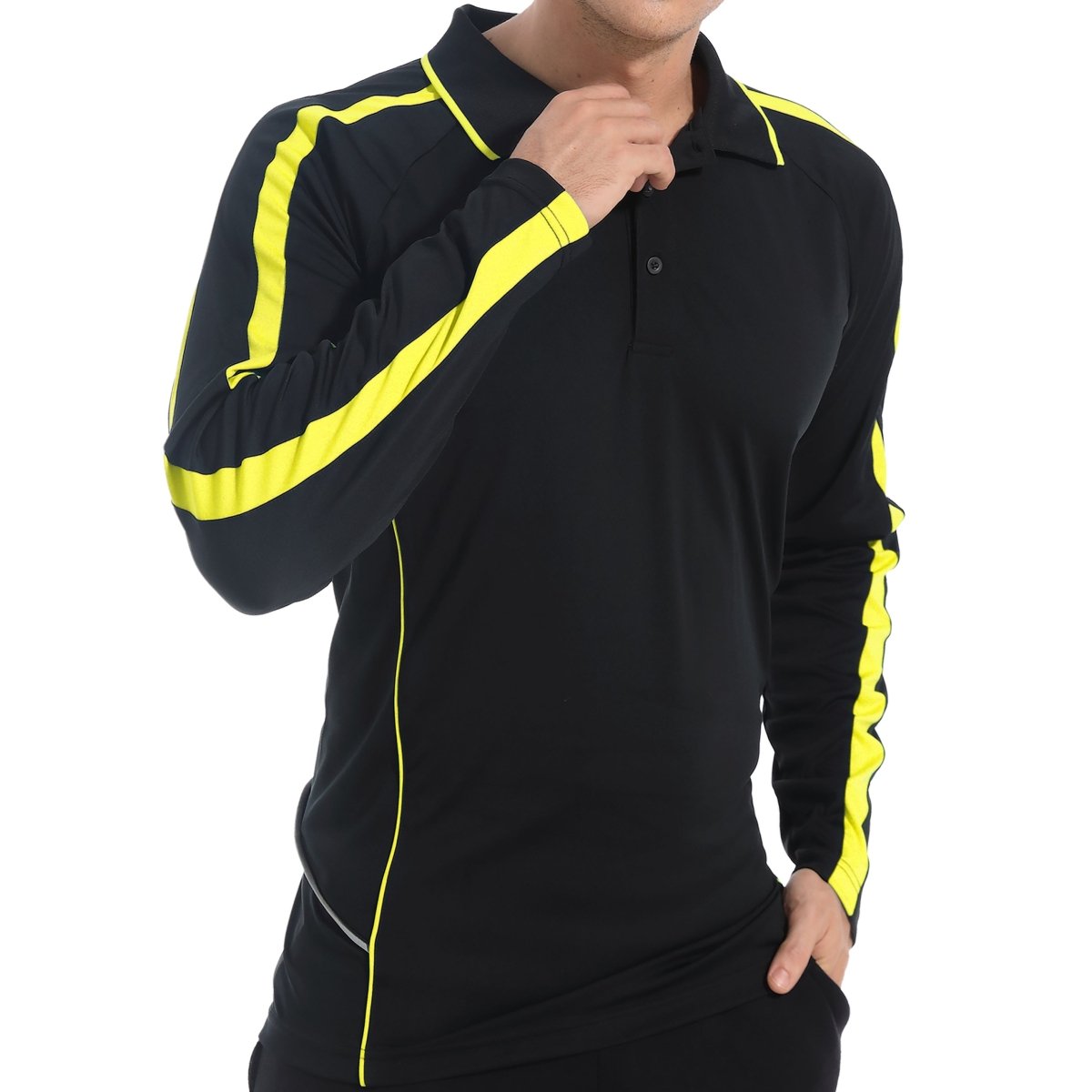 "flow polo shirt in Black with yellow gold, model posed – Big Bee Workwear"