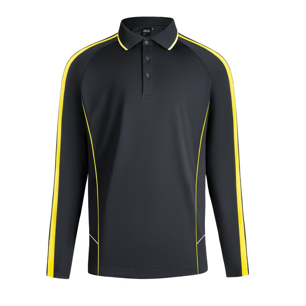 "flow polo shirt in Black with yellow gold, front – Big Bee Workwear"