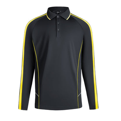 "flow polo shirt in Black with yellow gold, front – Big Bee Workwear"