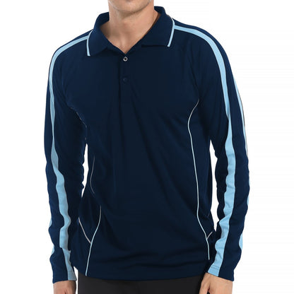 "flow polo shirt in navy sky blue, model front – Big Bee Workwear"