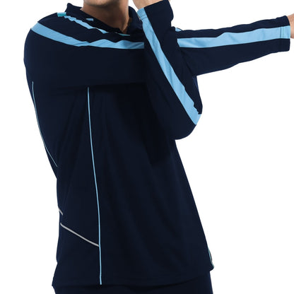 "flow polo shirt in navy sky blue, model posed – Big Bee Workwear"