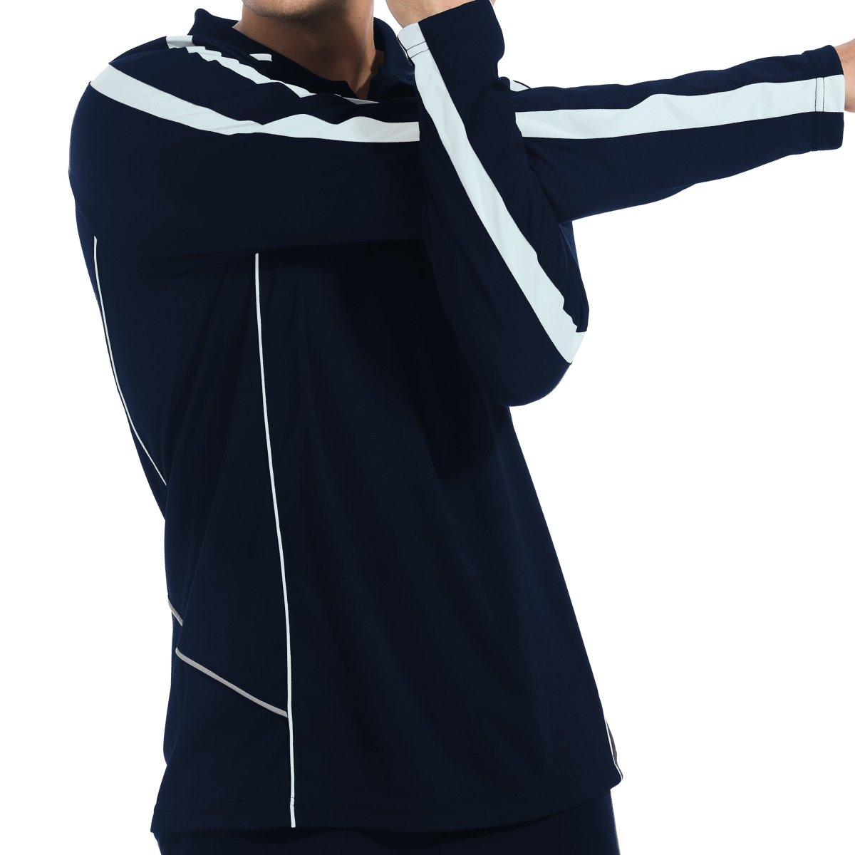 "flow polo shirt in navy white, model posed – Big Bee Workwear"