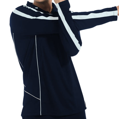 "flow polo shirt in navy white, model posed – Big Bee Workwear"