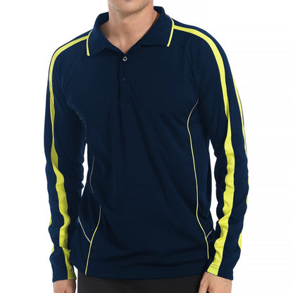"flow polo shirt in navy yellow gold, model front – Big Bee Workwear"