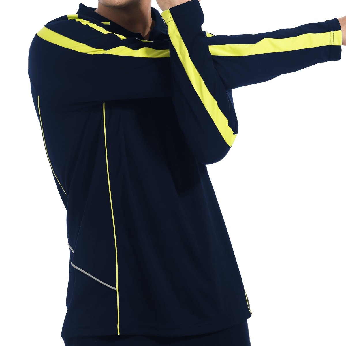 "flow polo shirt in navy yellow gold, model posed – Big Bee Workwear"