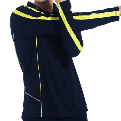 "flow polo shirt in navy yellow gold, model posed – Big Bee Workwear"