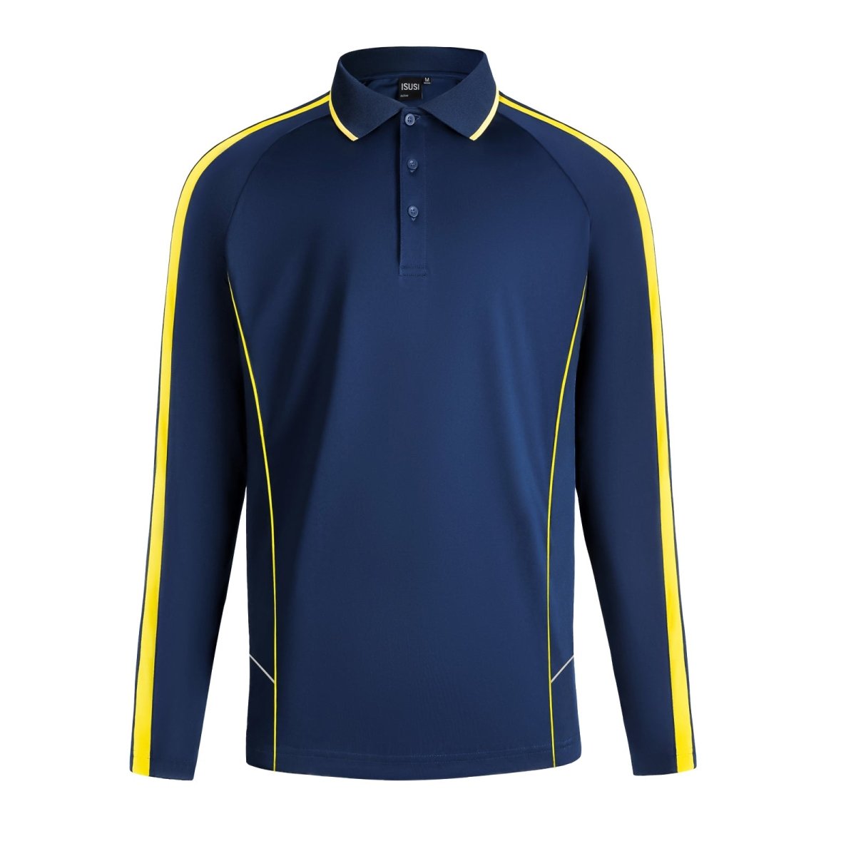 "flow polo shirt in navy yellow gold, front – Big Bee Workwear"