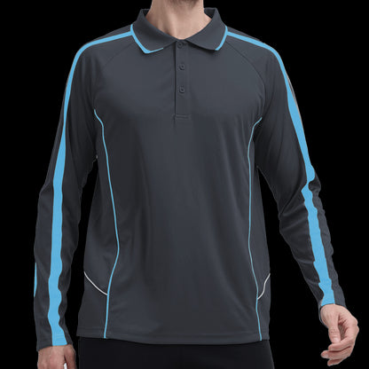 "flow polo shirt in grey blue aqua, model front – Big Bee Workwear"