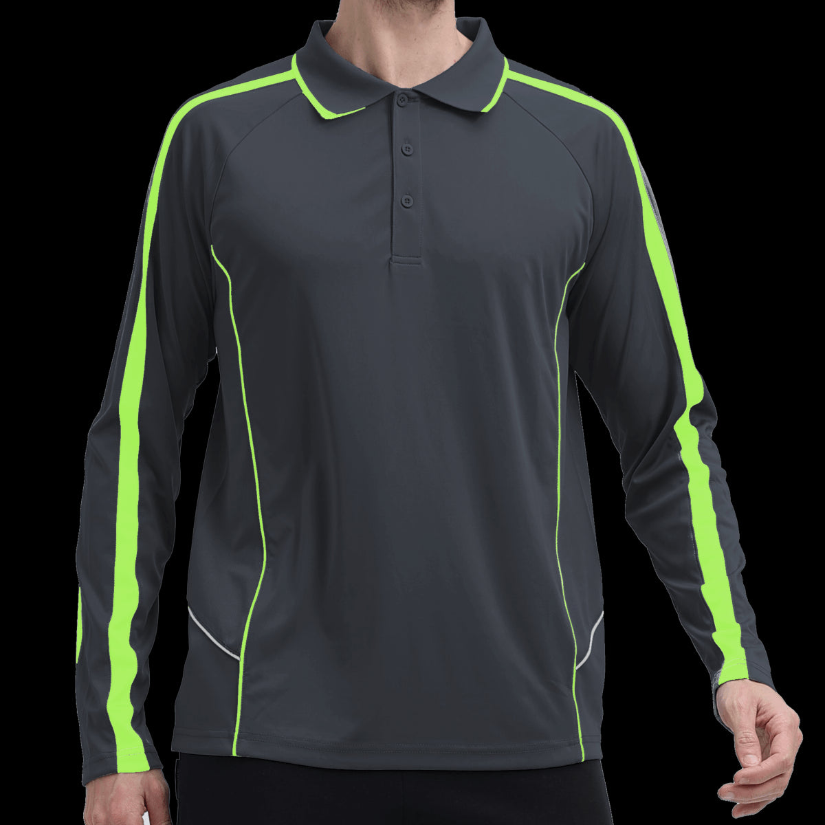 "flow polo shirt in grey green lime, model front – Big Bee Workwear"