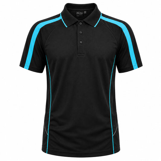"flow polo shirt in Black with Aqua Blue, front – Big Bee Workwear"