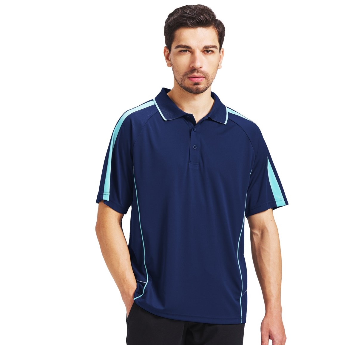 "flow polo shirt in navy sky blue, model front – Big Bee Workwear"