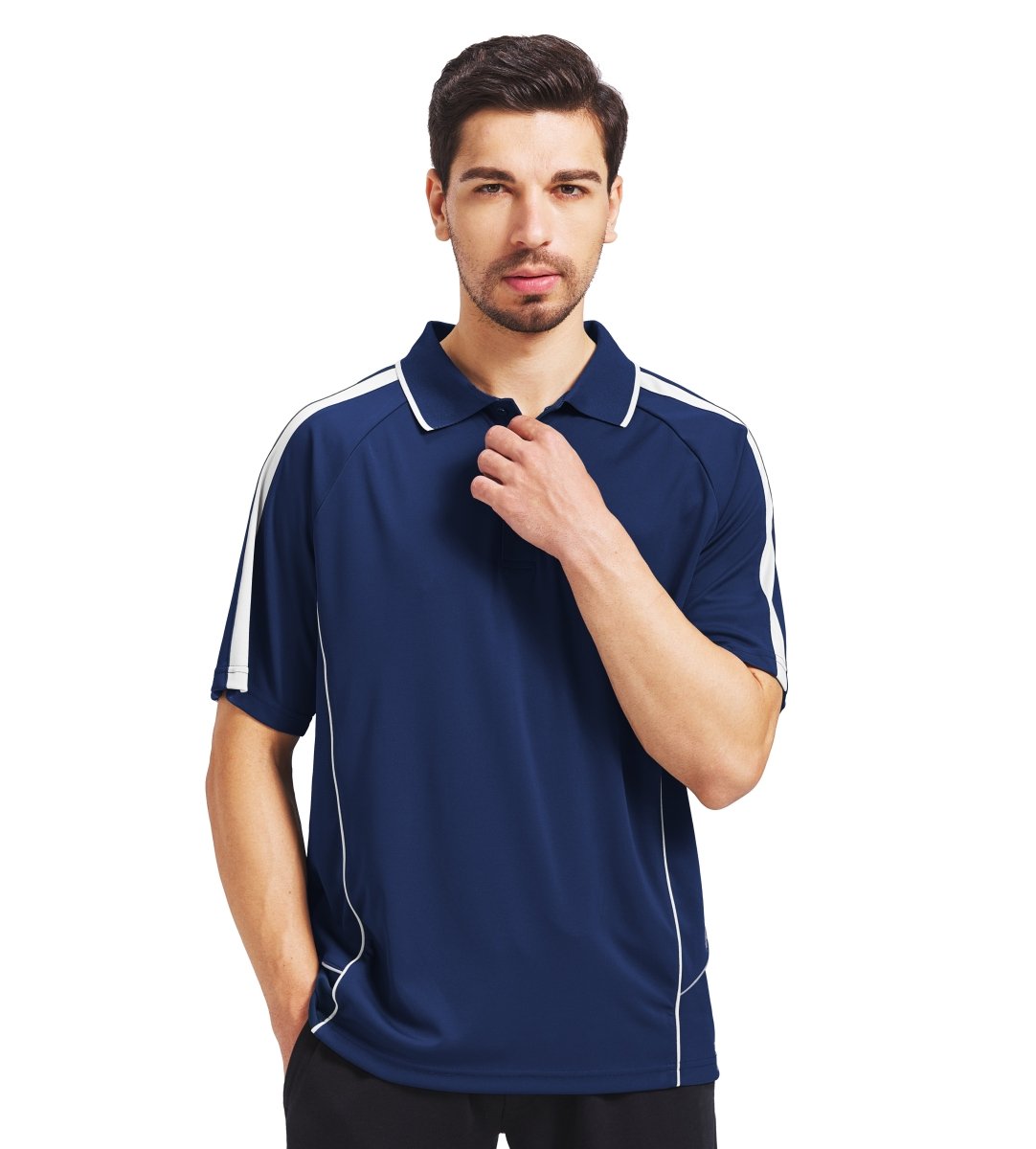 "flow polo shirt in navy white, model front – Big Bee Workwear"