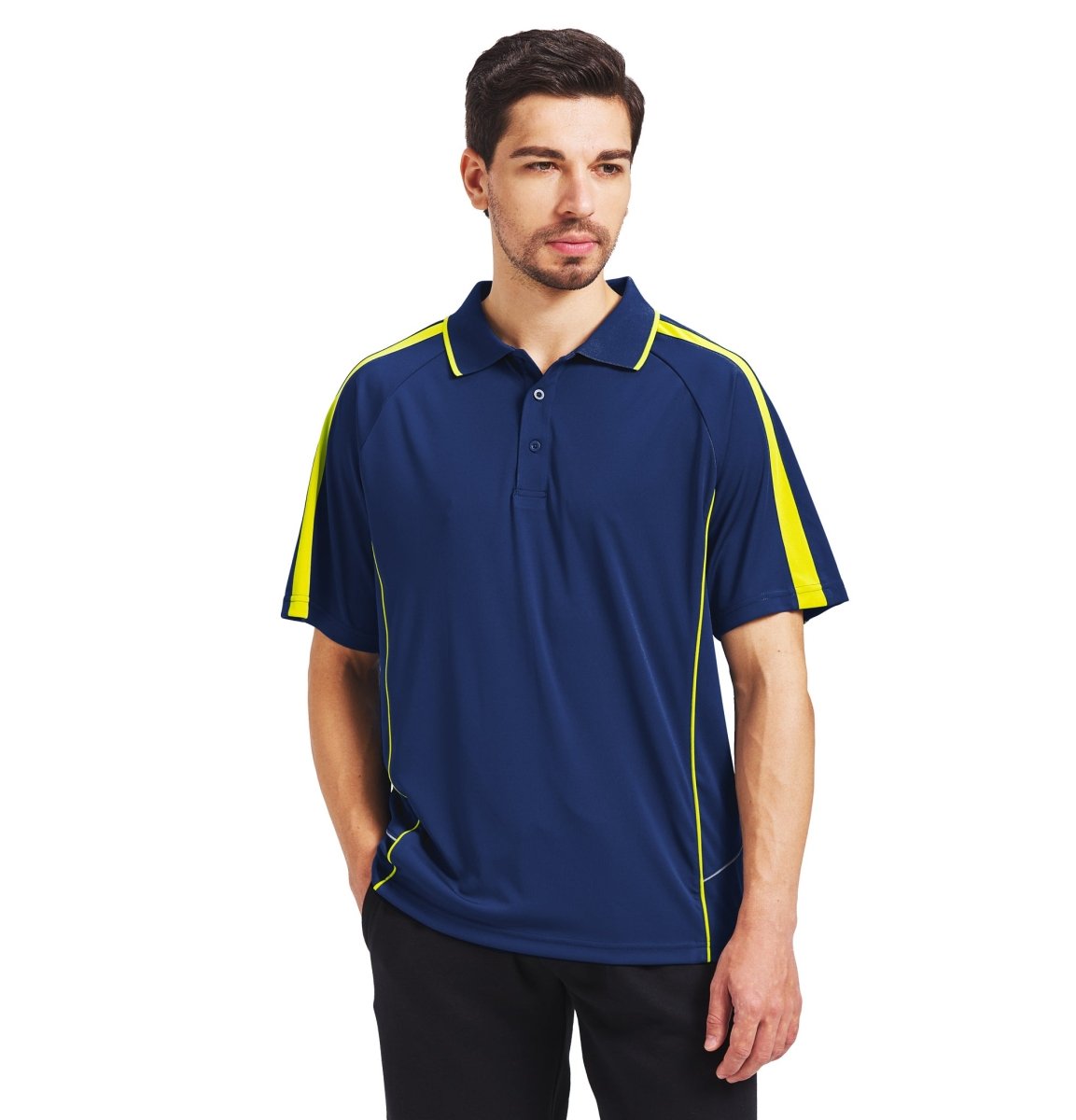 "flow polo shirt in navy yellow gold, model front – Big Bee Workwear"