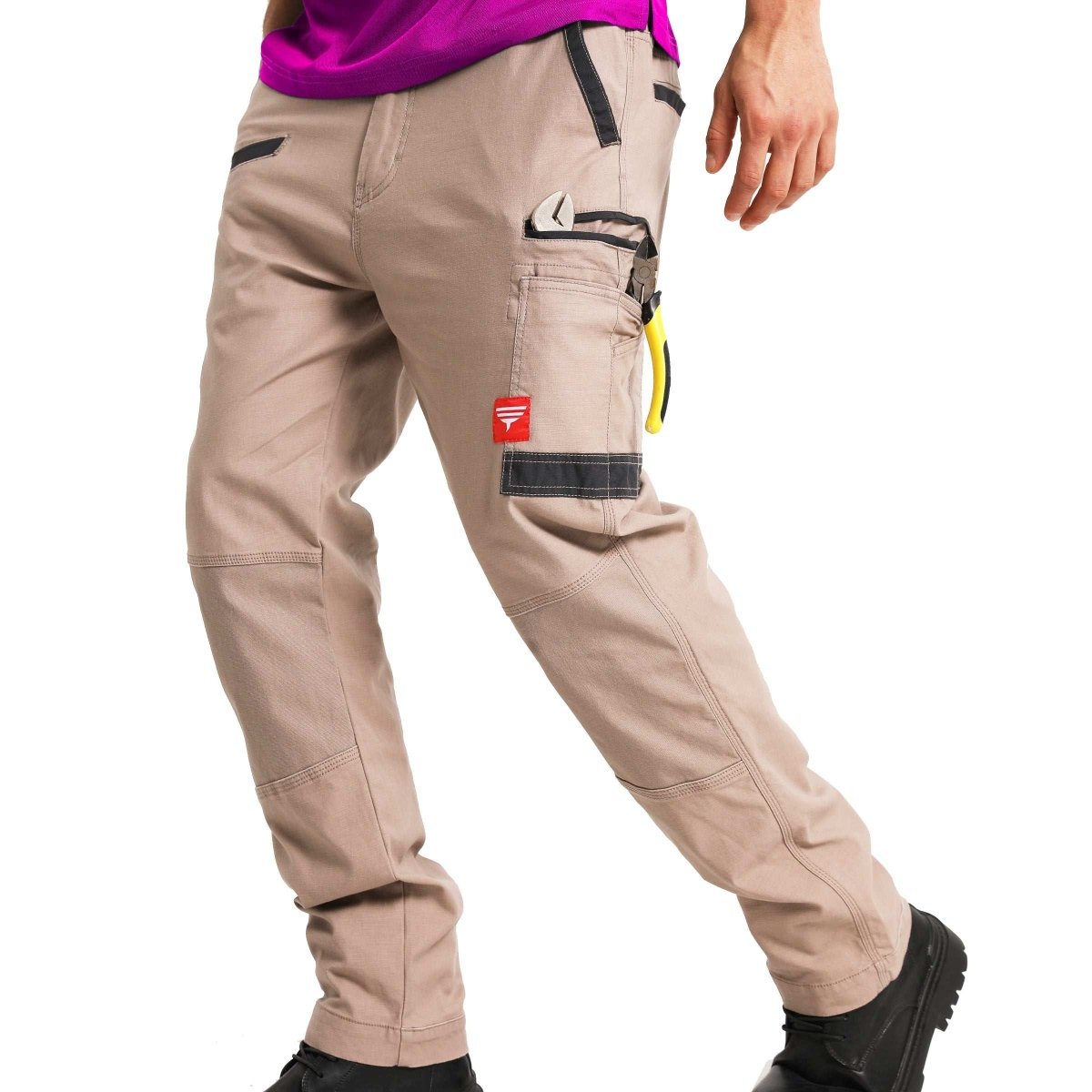"brumby work pants in khaki, model walking pose – Big Bee Workwear"