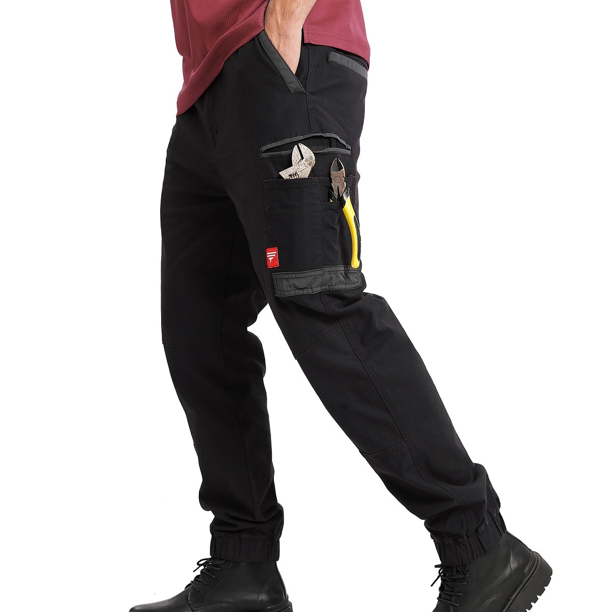 "brumby work pants in black, model side – Big Bee Workwear"