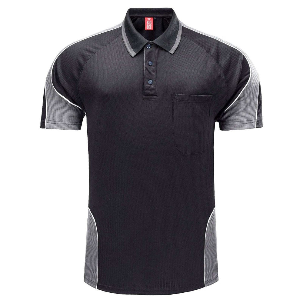Men’s Short Sleeve Panel polo shirt in Black with grey charcoal, front – Big Bee Workwear