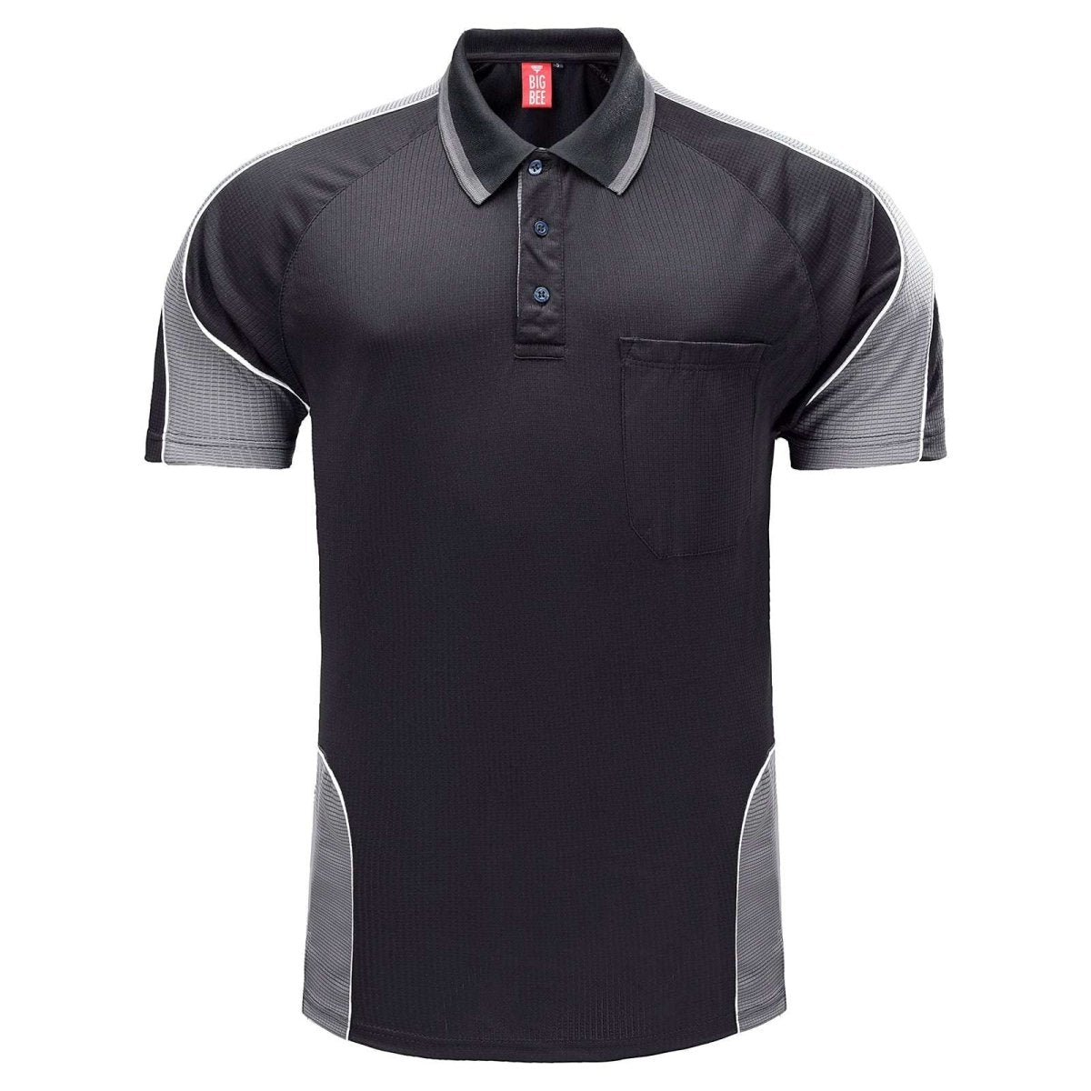 "Men’s Short Sleeve Panel polo shirt in Black with grey charcoal, front – Big Bee Workwear"