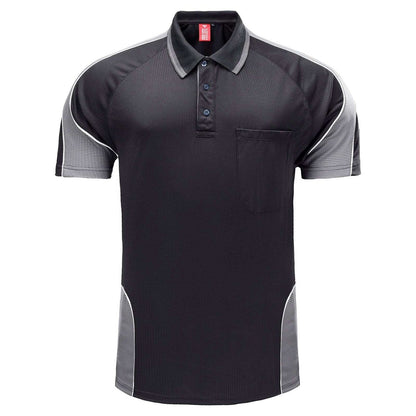 "Men’s Short Sleeve Panel polo shirt in Black with grey charcoal, front – Big Bee Workwear"