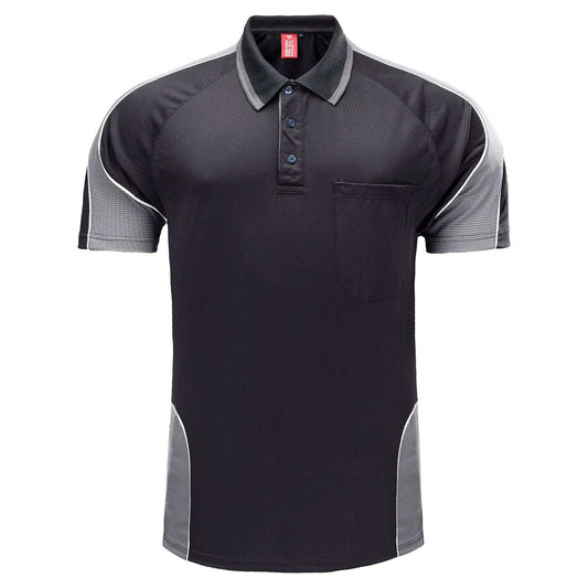 "Men’s Short Sleeve Panel polo shirt in Black with grey charcoal, front – Big Bee Workwear"