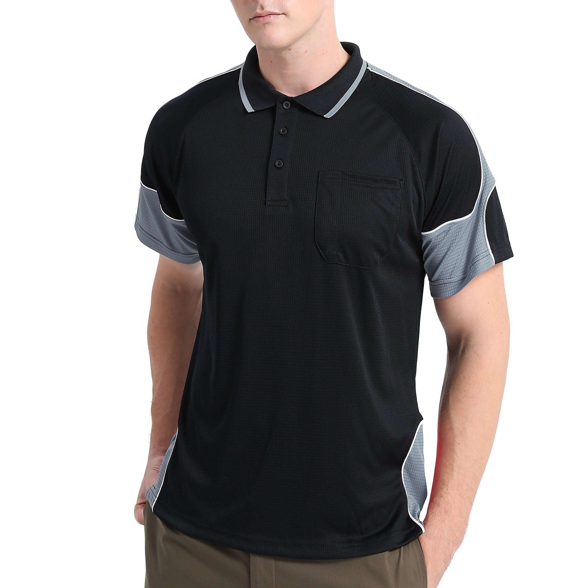 "Men’s Short Sleeve Panel polo shirt in Black with grey charcoal, model front – Big Bee Workwear"