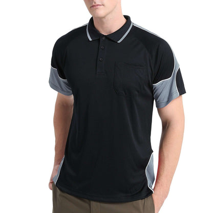 "Men’s Short Sleeve Panel polo shirt in Black with grey charcoal, model front – Big Bee Workwear"