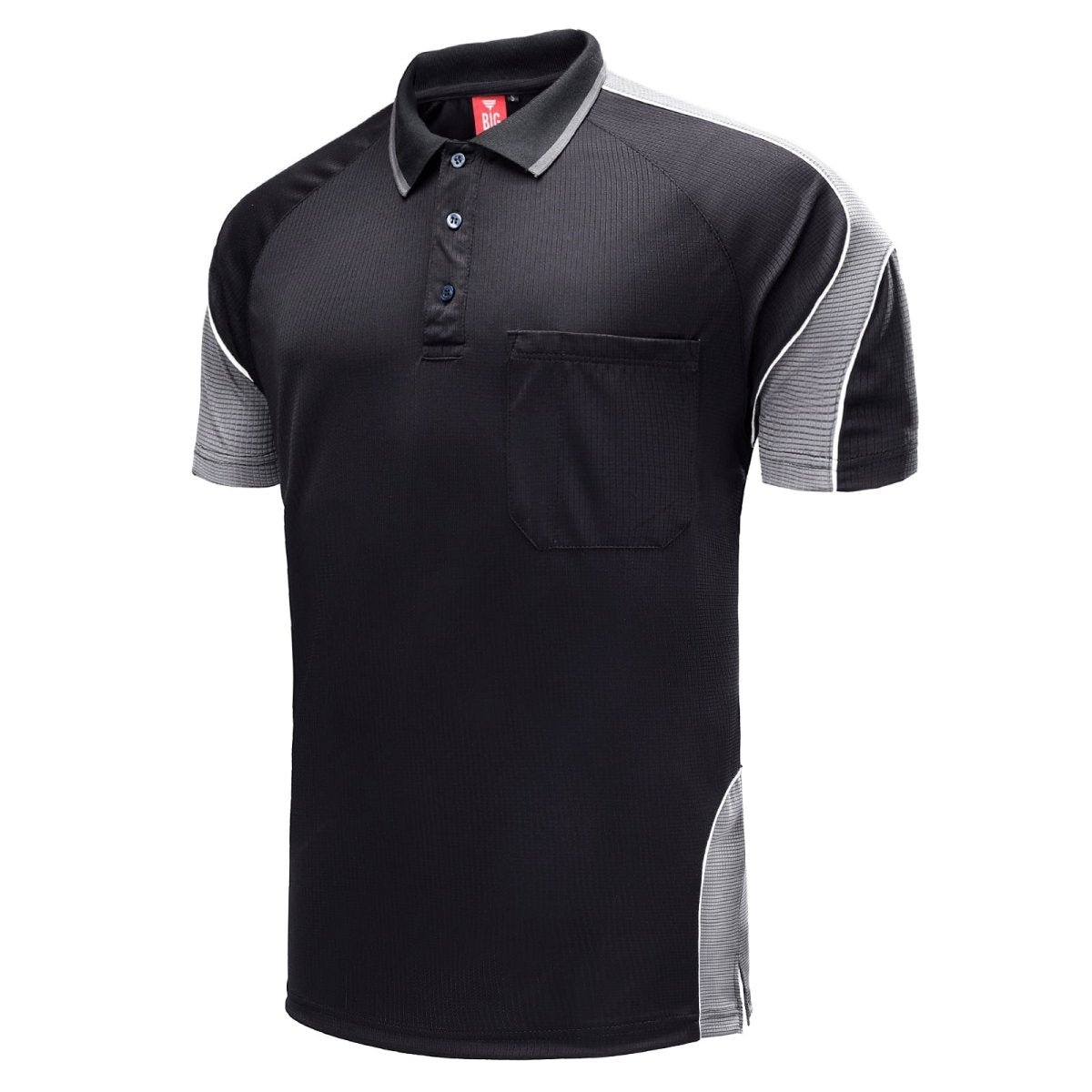 "Men’s Short Sleeve Panel polo shirt in Black with grey charcoal, side – Big Bee Workwear"