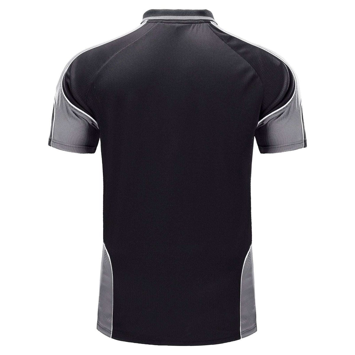 "Men’s Short Sleeve Panel polo shirt in Black with grey charcoal, back – Big Bee Workwear"