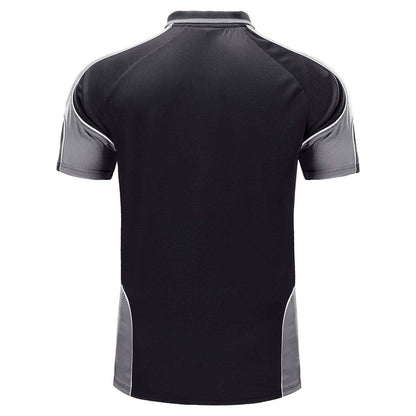"Men’s Short Sleeve Panel polo shirt in Black with grey charcoal, back – Big Bee Workwear"