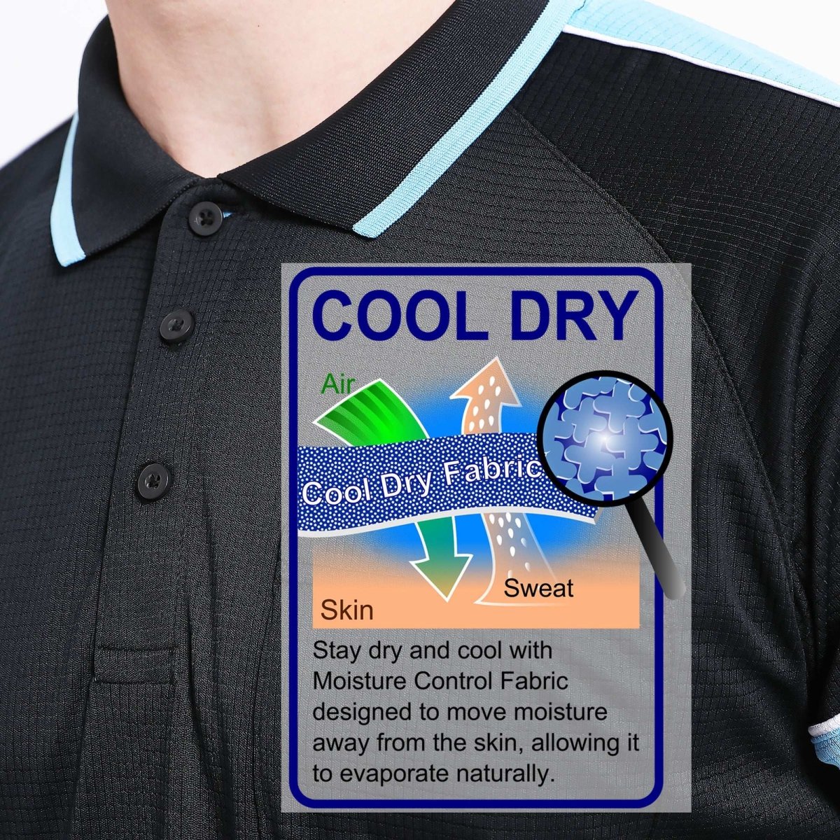 "Men’s Short Sleeve Panel polo shirt fabric close-up with info – Big Bee Workwear"