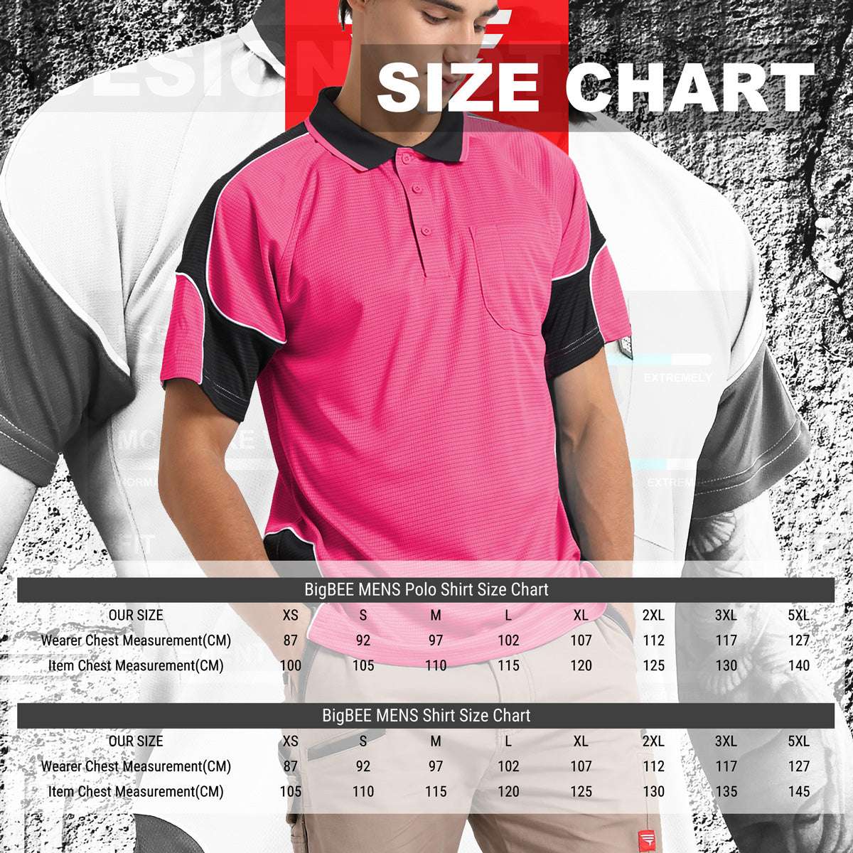 "Men’s Short Sleeve Panel polo shirt size chart – Big Bee Workwear"