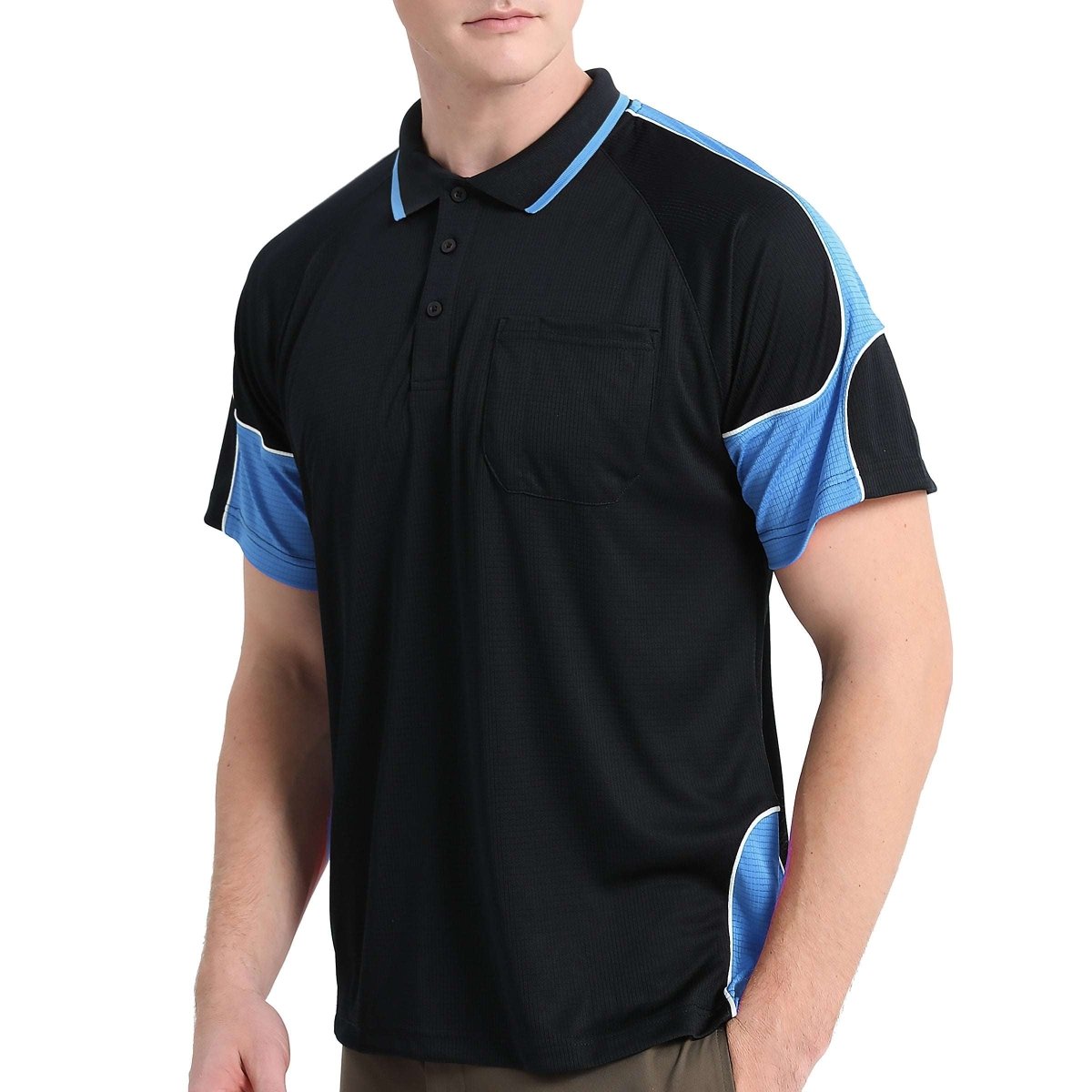 "Men’s Short Sleeve Panel polo shirt in Black with Aqua Blue, model front – Big Bee Workwear"