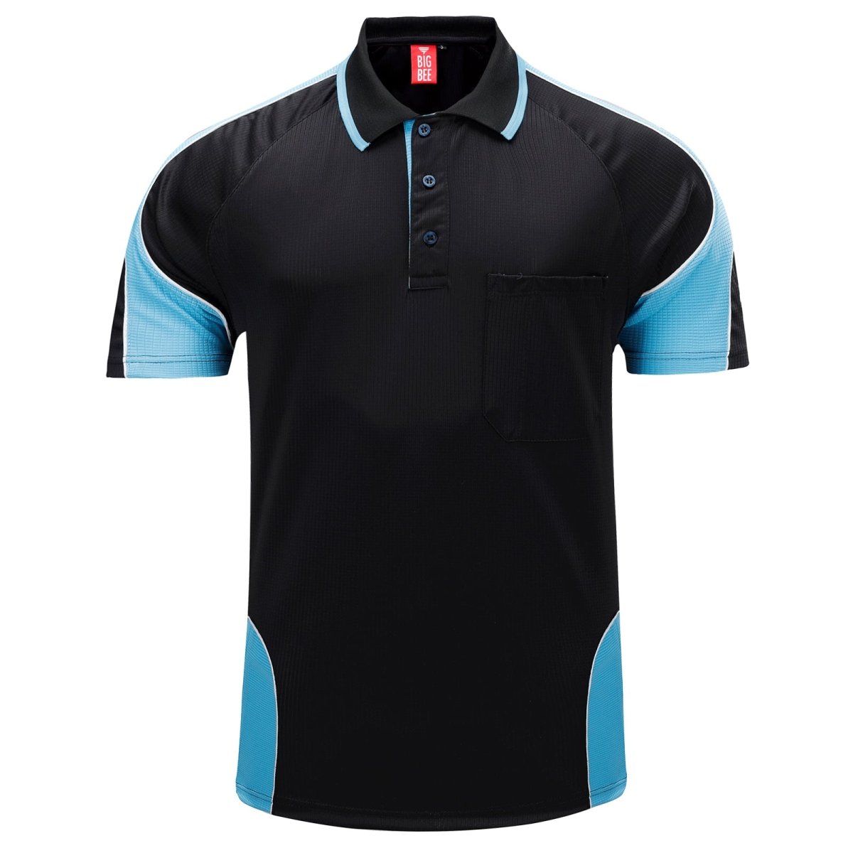 "Men’s Short Sleeve Panel polo shirt in Black with Aqua Blue, front – Big Bee Workwear"