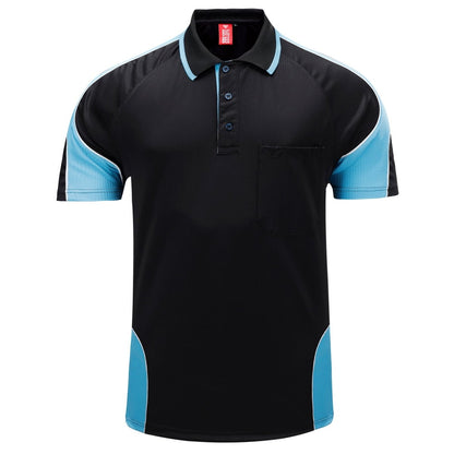 "Men’s Short Sleeve Panel polo shirt in Black with Aqua Blue, front – Big Bee Workwear"