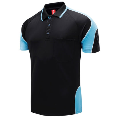 "Men’s Short Sleeve Panel polo shirt in Black with Aqua Blue, side – Big Bee Workwear"