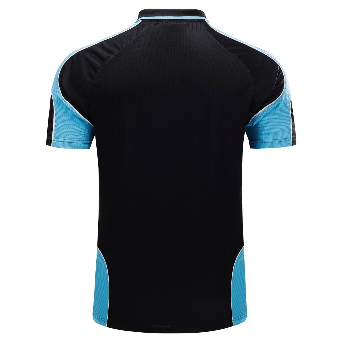 "Men’s Short Sleeve Panel polo shirt in Black with Aqua Blue, back – Big Bee Workwear"