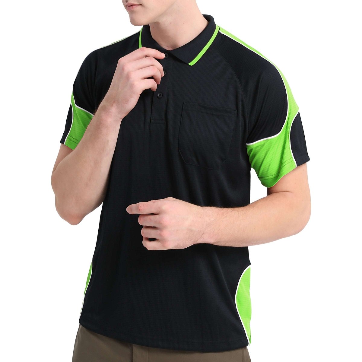 "Men’s Short Sleeve Panel polo shirt in Black with Lime Green, model in action – Big Bee Workwear"