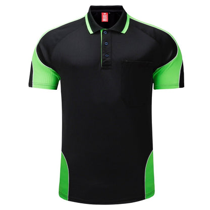 "Men’s Short Sleeve Panel polo shirt in Black with Lime Green, front – Big Bee Workwear"