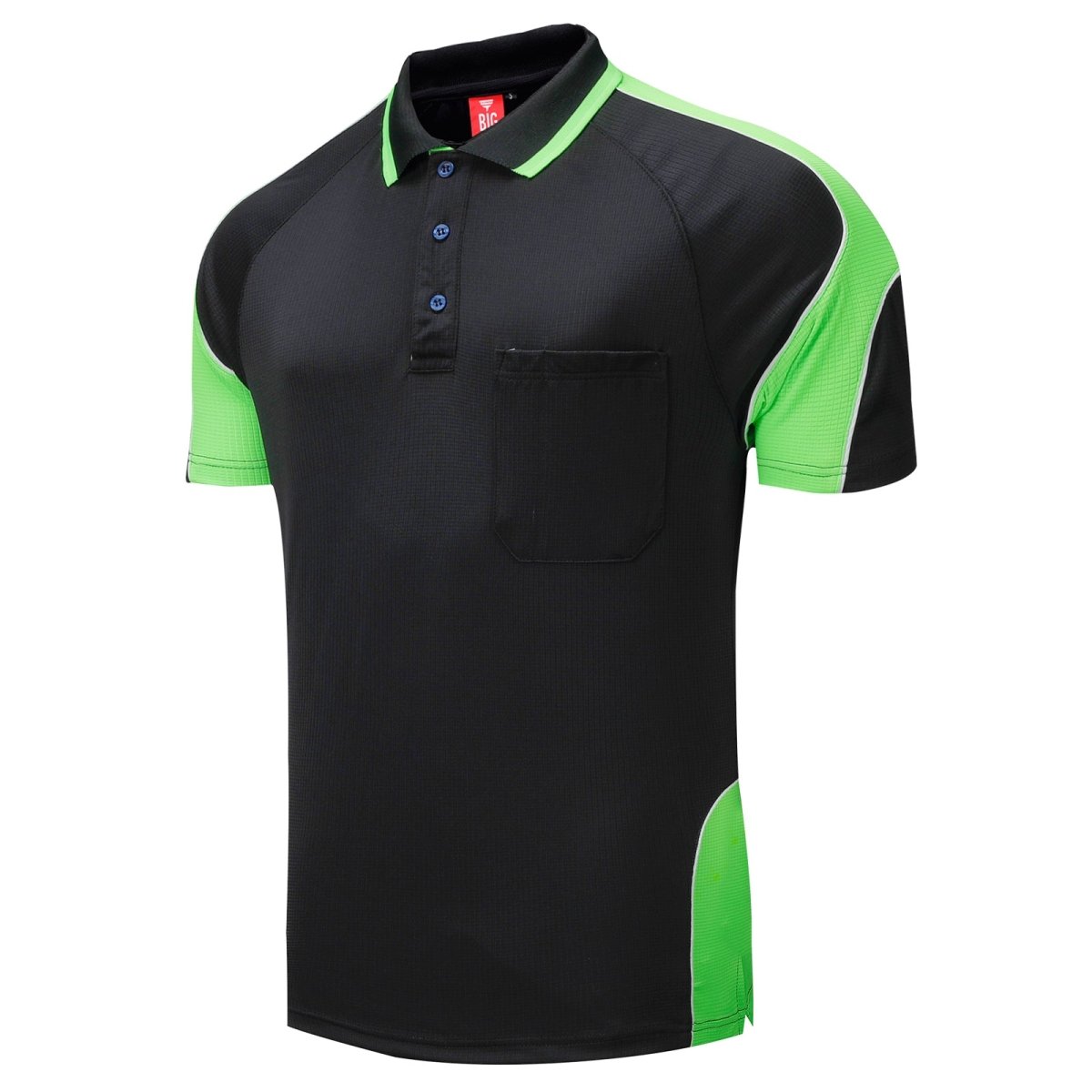 "Men’s Short Sleeve Panel polo shirt in Black with Lime Green, side – Big Bee Workwear"
