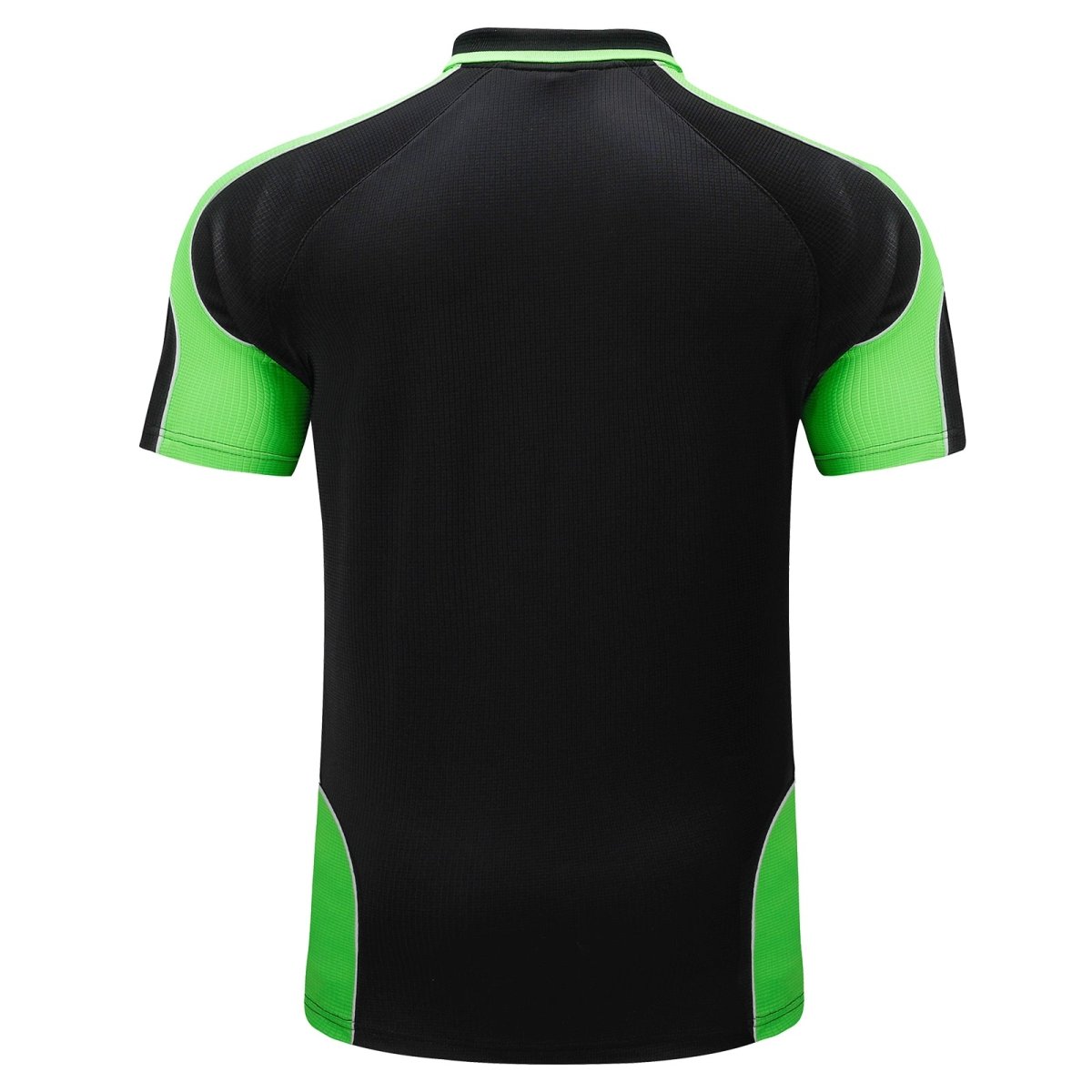 "Men’s Short Sleeve Panel polo shirt in Black with Lime Green, back – Big Bee Workwear"