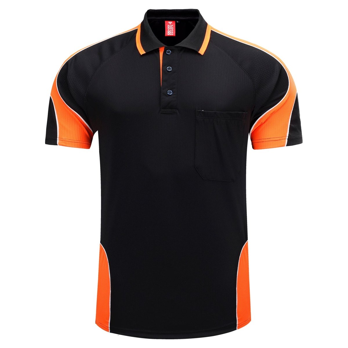 "Men’s Short Sleeve Panel polo shirt in Black with orange, front – Big Bee Workwear"