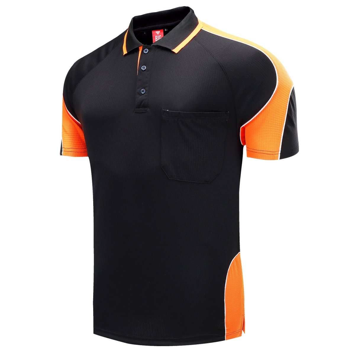"Men’s Short Sleeve Panel polo shirt in Black with orange, side – Big Bee Workwear"