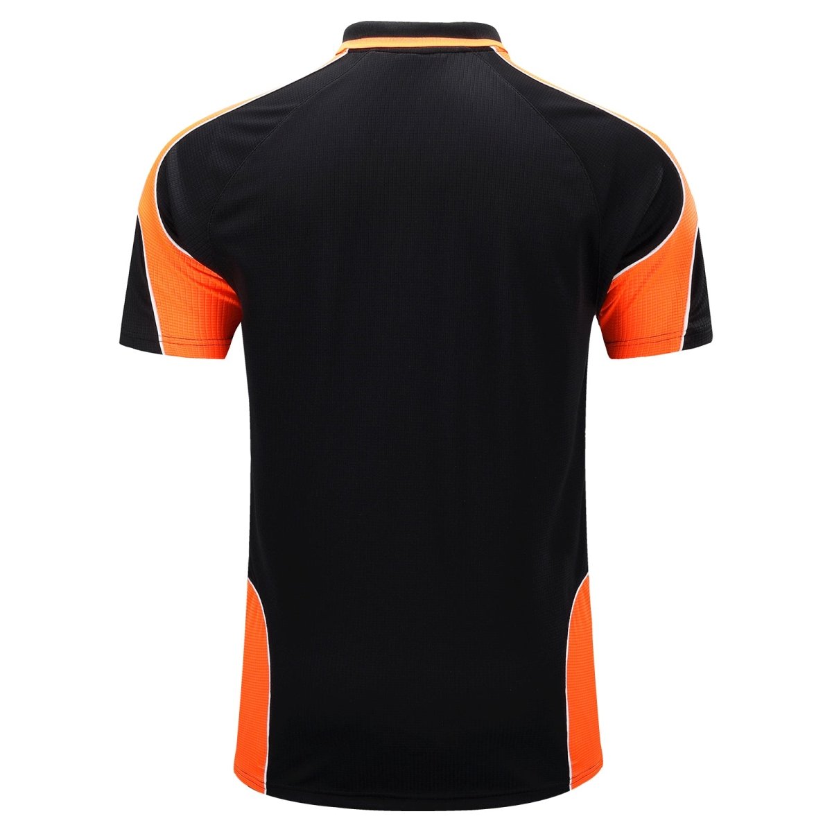 "Men’s Short Sleeve Panel polo shirt in Black with orange, back – Big Bee Workwear"